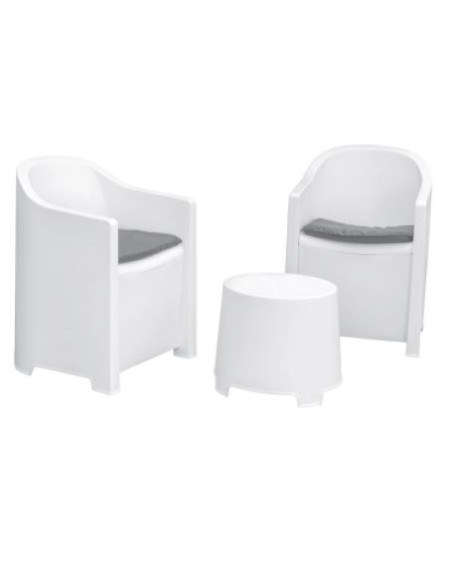 Set Luna 2 fauteuils bas avec coussins et petite table blanc