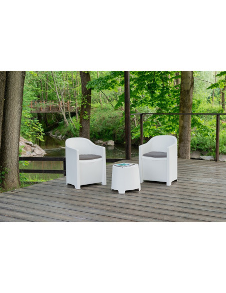 Set Luna 2 fauteuils bas avec coussins et petite table blanc