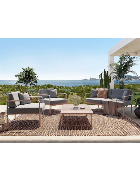 Set salon CANNES havane (canapé, 2 fauteuils, table et coussins gris chiné)
