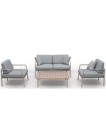 Set salon CANNES havane (canapé, 2 fauteuils, table et coussins gris chiné)