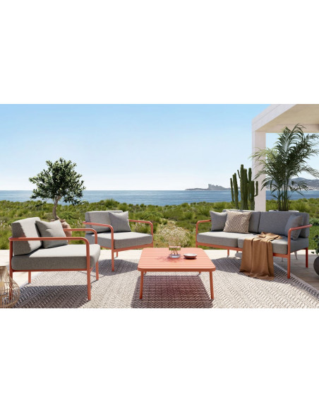 Set salon CANNES terracota (canapé, 2 fauteuils, table et coussins gris chiné)
