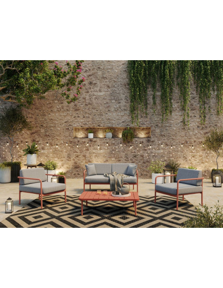 Set salon CANNES terracota (canapé, 2 fauteuils, table et coussins gris chiné)