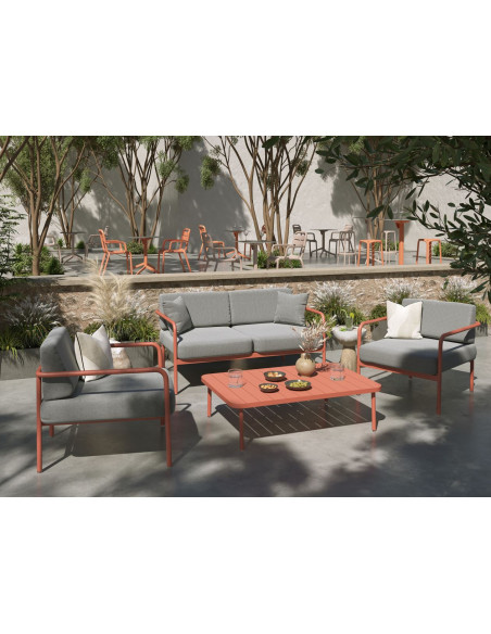 Set salon CANNES terracota (canapé, 2 fauteuils, table et coussins gris chiné)