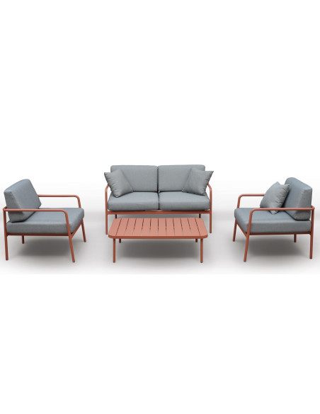 Set salon CANNES terracota (canapé, 2 fauteuils, table et coussins gris chiné)