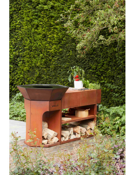 Brasero avec plan travail XXL NESTOR ISLAND en acier corten