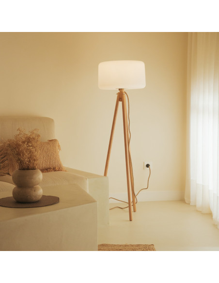 Lampadaire Trépied 140 bois naturel cable jute