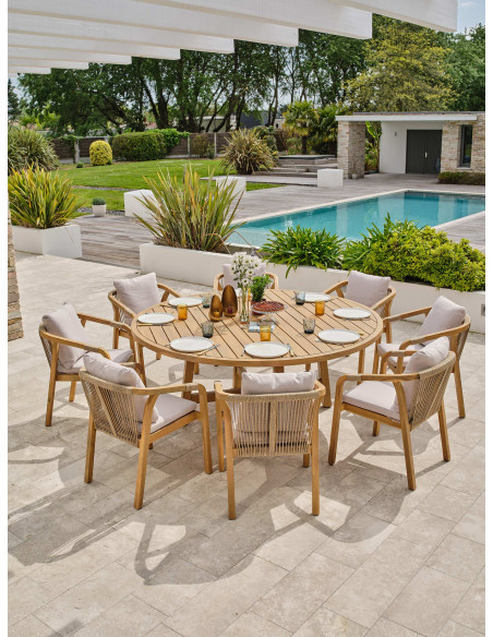 Ensemble Mykonos grande table + 8 fauteuils en bois Ø180cm