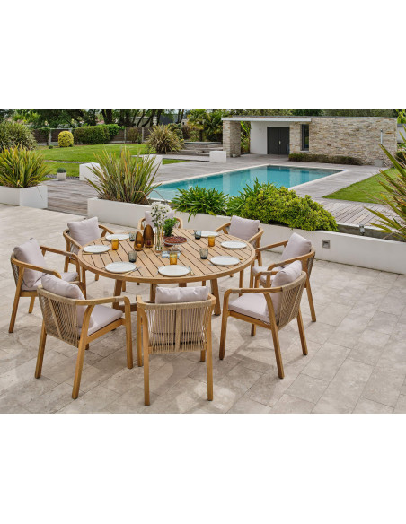 Ensemble Mykonos grande table + 8 fauteuils en bois Ø180cm