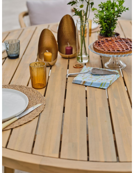 Ensemble Mykonos grande table + 8 fauteuils en bois Ø180cm