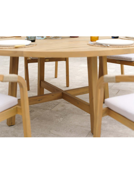 Ensemble Mykonos grande table + 8 fauteuils en bois Ø180cm
