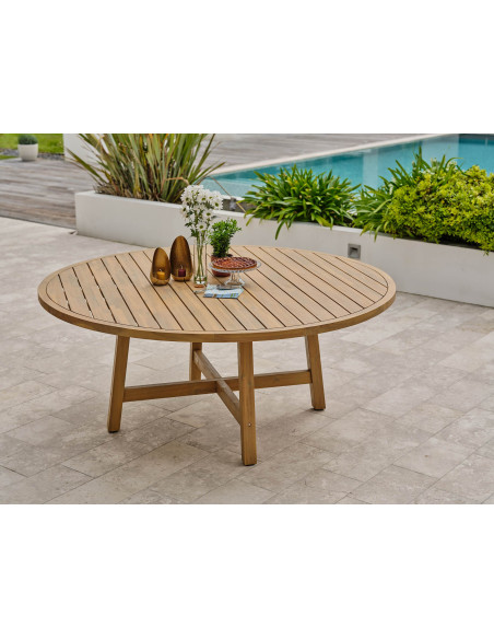 Ensemble Mykonos grande table + 8 fauteuils en bois Ø180cm