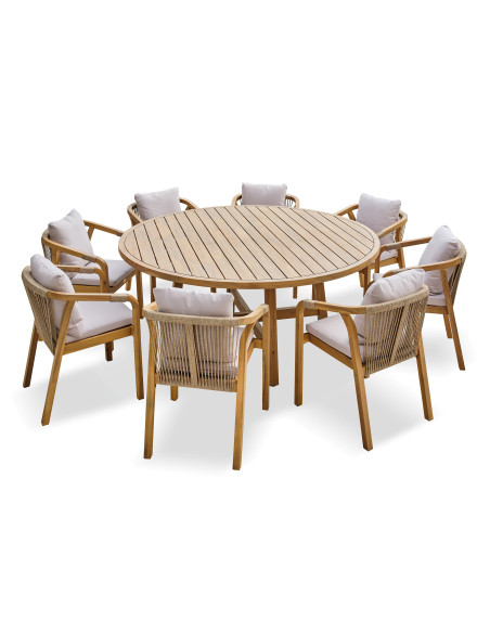 Ensemble Mykonos grande table + 8 fauteuils en bois Ø180cm