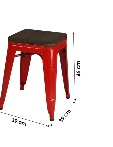 Tabouret bas Industriel métal Rouge, assise bois