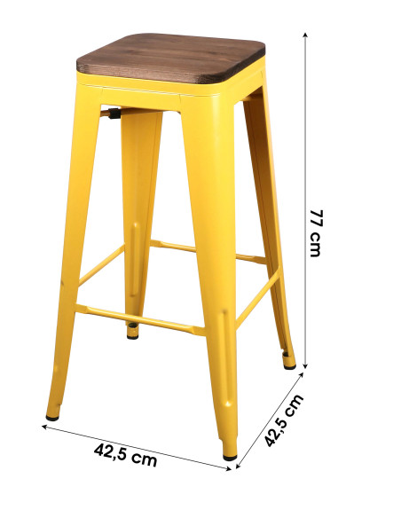 Tabouret haut Industriel métal Jaune, assise bois