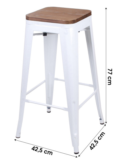 Tabouret haut Industriel métal Blanc, assise bois