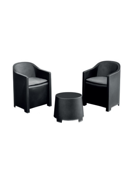Set Luna 2 fauteuils bas avec coussins et petite table anthracite