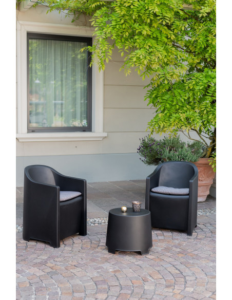 Set Luna 2 fauteuils bas avec coussins et petite table anthracite